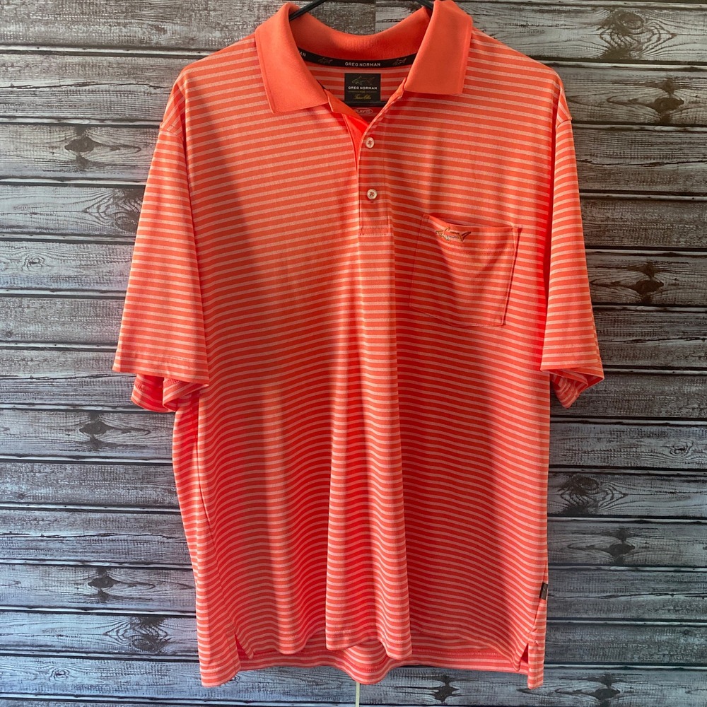 Greg Norman Men's Play Dry Short-Sleeved Polo Shirt Size L‎ Orange Striped Logo